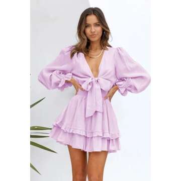 AlvaQ Women Dress 2025 Spring Fall Long Sleeve Mini Dress Summer Sexy V Neck Knot Front Sundress Pink Medium