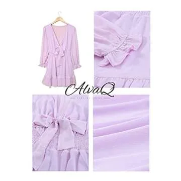 AlvaQ Women Dress 2025 Spring Fall Long Sleeve Mini Dress Summer Sexy V Neck Knot Front Sundress Pink Medium