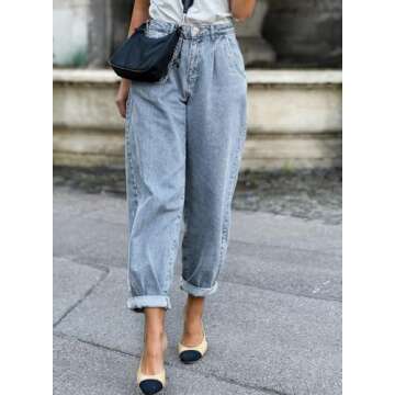 EVALESS High Waist Baggy Jeans for Women Trendy 2025 Stretch Boyfriend Barrel Denim Pants Sky Blue 10