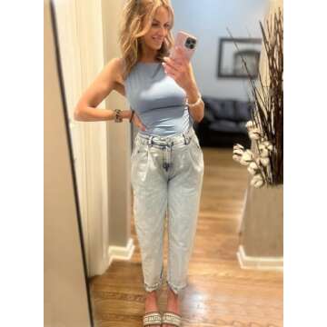 EVALESS High Waist Baggy Jeans for Women Trendy 2025 Stretch Boyfriend Barrel Denim Pants Sky Blue 10