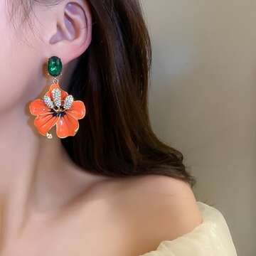 Medieval Vintage Design Women's Earrings Ear Studs with Low Allergy Silver Pin Orange Flower Pendant...