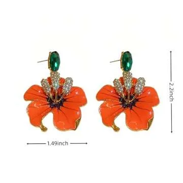 Medieval Vintage Design Women's Earrings Ear Studs with Low Allergy Silver Pin Orange Flower Pendant with Water Drill Inlay Elegant and Shiny