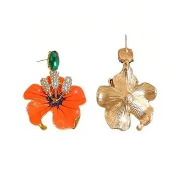 Medieval Vintage Design Women's Earrings Ear Studs with Low Allergy Silver Pin Orange Flower Pendant with Water Drill Inlay Elegant and Shiny
