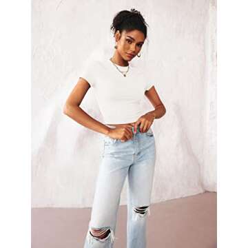 TECREW Womens Summer Short Sleeve Cute Crop Tops Casual Basic Crewneck Slim Fit T-Shirts, White, Lar...