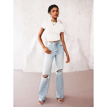 TECREW Womens Summer Short Sleeve Cute Crop Tops Casual Basic Crewneck Slim Fit T-Shirts, White, Large