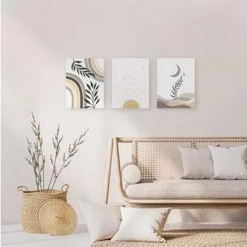 Erctoo Office Wall Decor Aesthetic Canvas Wall Art for Bedroom, Beige Boho Decor for Home Office, Living Room, Bathroom, Framed 12"X16" Geometric Nature Mid-Century Modern Wall Art