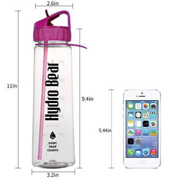 Hydro Bear 30oz Motivational Fitness Sports Water Bottle with Time Marker, Measurements, Drink More Water Daily, BPA Free Tritan with Flip Straw, for Outdoors Camping Hiking Cycling