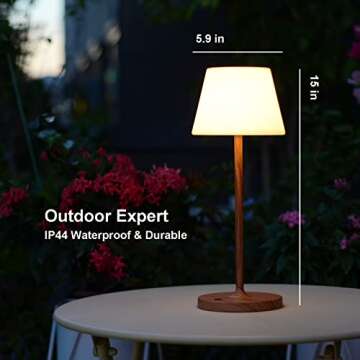 LOTITOL Outdoor Table Lamp/Cordless USB Rechargeable 4000mAh / 2700K LED/Touch Dimmable/Portable Battery Operated / IP44 Waterproof/PE Shade/Bedroom Dinning Camping Patio (15in, Wood Grain)