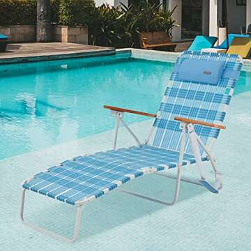 #WEJOY 5 Adjustable Folding Webbing Beach Chaise Lounge Chair,Portable Recliner Chairs for Adults with Wooden Arm,Backpack Strap,Pillow for Outdoor Sunbathing Pool Side Sun Deck Lawn Patio,Steel