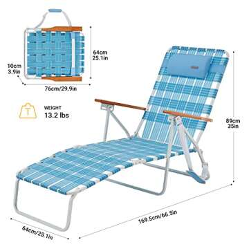 #WEJOY 5 Adjustable Folding Webbing Beach Chaise Lounge Chair,Portable Recliner Chairs for Adults with Wooden Arm,Backpack Strap,Pillow for Outdoor Sunbathing Pool Side Sun Deck Lawn Patio,Steel
