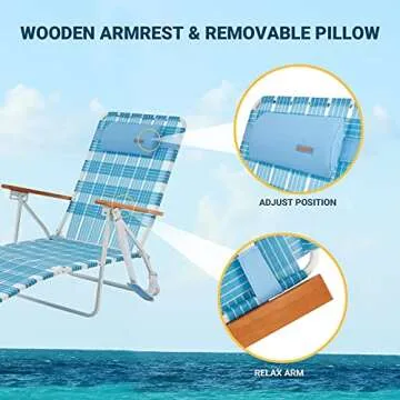 #WEJOY 5 Adjustable Folding Webbing Beach Chaise Lounge Chair,Portable Recliner Chairs for Adults with Wooden Arm,Backpack Strap,Pillow for Outdoor Sunbathing Pool Side Sun Deck Lawn Patio,Steel