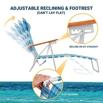 #WEJOY 5 Adjustable Folding Webbing Beach Chaise Lounge Chair,Portable Recliner Chairs for Adults with Wooden Arm,Backpack Strap,Pillow for Outdoor Sunbathing Pool Side Sun Deck Lawn Patio,Steel
