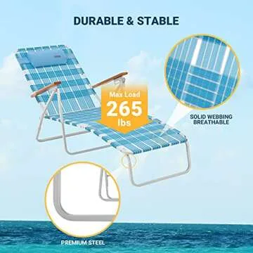 #WEJOY 5 Adjustable Folding Webbing Beach Chaise Lounge Chair,Portable Recliner Chairs for Adults with Wooden Arm,Backpack Strap,Pillow for Outdoor Sunbathing Pool Side Sun Deck Lawn Patio,Steel