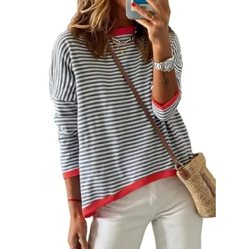 Dokotoo Womens Round Neck Sweaters Fashion Fall Striped Color Block Sweaters for Women Casual Black ...