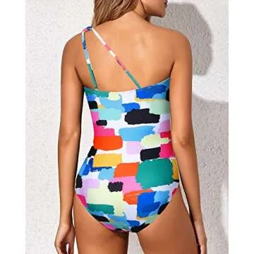 Holipick One Shoulder One Piece Swimsuit for Women Tummy Control Bathing Suits Modest Full Coverage Keyhole Swimwear Color Block
