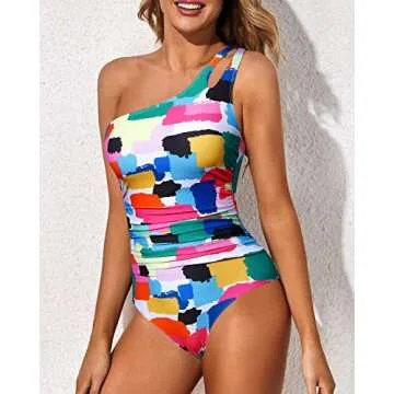 Holipick One Shoulder One Piece Swimsuit for Women Tummy Control Bathing Suits Modest Full Coverage Keyhole Swimwear Color Block