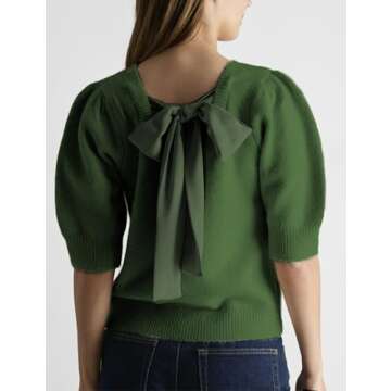 Springrain Bow Sweater Women Casual Puff Short Sleeve Crew Neck Tie Back Knit Pullover Tops(Green-XS)