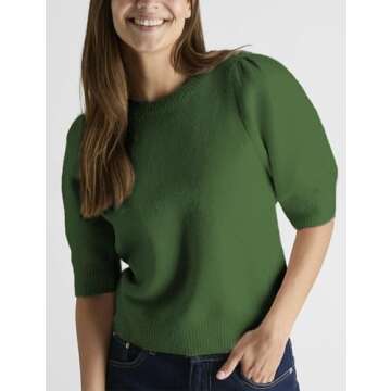 Springrain Bow Sweater Women Casual Puff Short Sleeve Crew Neck Tie Back Knit Pullover Tops(Green-XS)