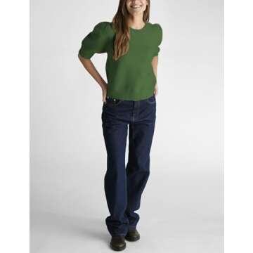 Springrain Bow Sweater Women Casual Puff Short Sleeve Crew Neck Tie Back Knit Pullover Tops(Green-XS)