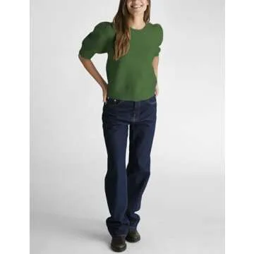 Springrain Bow Sweater Women Casual Puff Short Sleeve Crew Neck Tie Back Knit Pullover Tops(Green-XS)