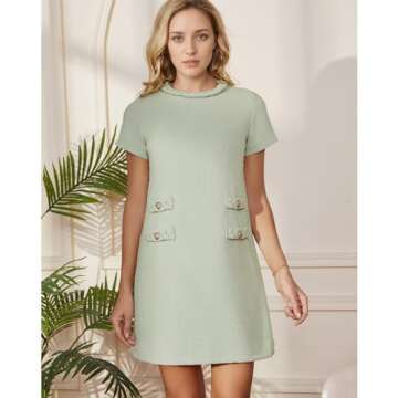 Yioaga Womens Tweed Jackie Dress Elegant Crew Neck Short Sleeve Button Bodycon Mini Dress(Fruit-Green,XL)