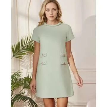 Yioaga Womens Tweed Jackie Dress Elegant Crew Neck Short Sleeve Button Bodycon Mini Dress(Fruit-Green,XL)