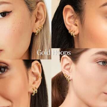 Poxtex Gold Hoop Earrings Set for Women Men Hypoallergenic 14K Gold Plated Stack Cartilage Small Hug...
