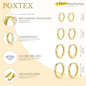 Poxtex Gold Hoop Earrings Set for Women Men Hypoallergenic 14K Gold Plated Stack Cartilage Small Huggie Earrings Sets for Multiple Piercing Lightweight Mini Thin Cute Dainty Trendy Clip On Jewelry Gifts