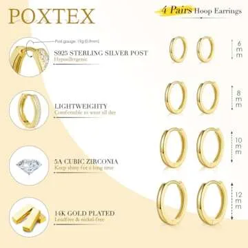 Poxtex Gold Hoop Earrings Set for Women Men Hypoallergenic 14K Gold Plated Stack Cartilage Small Huggie Earrings Sets for Multiple Piercing Lightweight Mini Thin Cute Dainty Trendy Clip On Jewelry Gifts