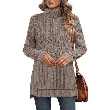 Womens Tunic Tops High Neck Fall Clothes 2025 Ribbed Pullover Tops Oversized Light Sweaters Coffee S