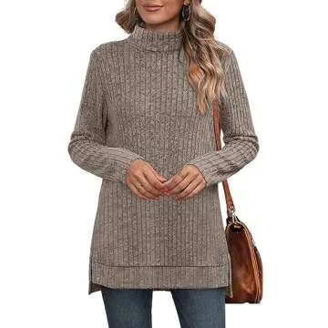 Womens Tunic Tops High Neck Fall Clothes 2025 Ribbed Pullover Tops Oversized Light Sweaters Coffee S