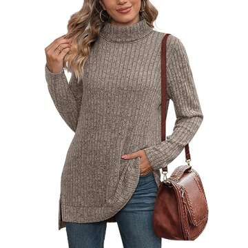 Womens Tunic Tops High Neck Fall Clothes 2025 Ribbed Pullover Tops Oversized Light Sweaters Coffee S
