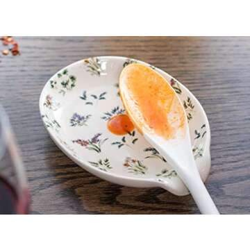 Nat & Jules Dainty Floral White 6 x 4 inch Ceramic Oval Countertop Spoon Rest - Versatile & Ideal for Everyday use from Stove Top, Kitchen Counter, & Coffee or Cooking Stations, Dainty Floral White