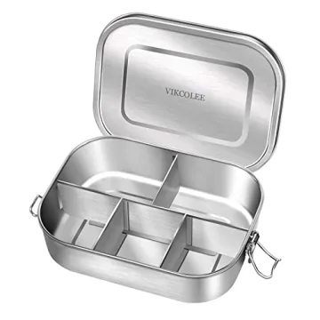 VIKCOLEE Stainless Steel Bento Lunch Food Box Container, 5-Compartment Large 1400ML Metal Lunch Box ...
