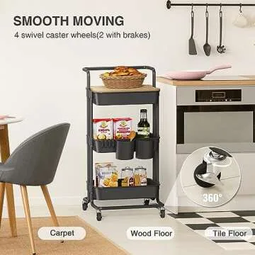 DTK 3 Tier Rolling Cart Uility Cart with Cover Board, Mobile Storage Cart with Wheels, Cups, Hooks for Office Utility Kitchen Bathroom Homeschool Art Craft Postpartum Teacher Cart Organizer(Black)