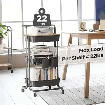 DTK 3 Tier Rolling Cart Uility Cart with Cover Board, Mobile Storage Cart with Wheels, Cups, Hooks for Office Utility Kitchen Bathroom Homeschool Art Craft Postpartum Teacher Cart Organizer(Black)