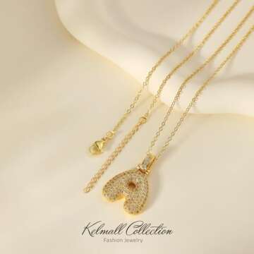 KELMALL Gold Initial Pendant Necklace for Women, Chunky Bubble Balloon Diamond Letter Necklace Personalised Gift