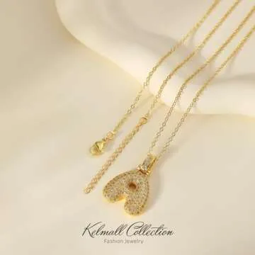 KELMALL Gold Initial Pendant Necklace for Women, Chunky Bubble Balloon Diamond Letter Necklace Personalised Gift