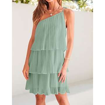 ZESICA Women's Boho Summer One Shoulder Sleeveless Ruffle Tiered Layered Chiffon Pleated A Line Flowy Mini Dress,Sage,X-Large
