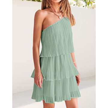 ZESICA Women's Boho Summer One Shoulder Sleeveless Ruffle Tiered Layered Chiffon Pleated A Line Flowy Mini Dress,Sage,X-Large