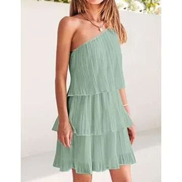 ZESICA Women's Boho Summer One Shoulder Sleeveless Ruffle Tiered Layered Chiffon Pleated A Line Flowy Mini Dress,Sage,X-Large