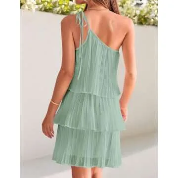 ZESICA Women's Boho Summer One Shoulder Sleeveless Ruffle Tiered Layered Chiffon Pleated A Line Flowy Mini Dress,Sage,X-Large