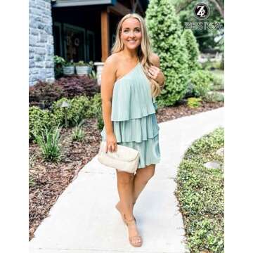 ZESICA Women's Boho Summer One Shoulder Sleeveless Ruffle Tiered Layered Chiffon Pleated A Line Flowy Mini Dress,Sage,X-Large