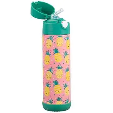 Snug Kids Water Bottle - insulated stainless steel thermos with straw (Girls/Boys) - Pineapple, 17oz