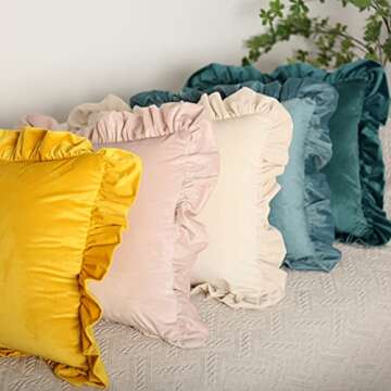 Jemiipee Velvet Ruffle Throw Pillow Covers Couch, Set of 2 Decorative Pillowcases with Ruffles 18x18...