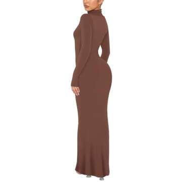 REORIA Women's Sexy Casual Mock Turtleneck Long Sleeve Elegant Long Dress Fall Wedding Guest Tight Ribbed Lounge Bodycon Maxi Dresses Coffee X-Small