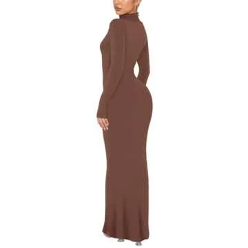 REORIA Women's Sexy Casual Mock Turtleneck Long Sleeve Elegant Long Dress Fall Wedding Guest Tight Ribbed Lounge Bodycon Maxi Dresses Coffee X-Small