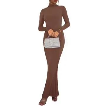 REORIA Women's Sexy Casual Mock Turtleneck Long Sleeve Elegant Long Dress Fall Wedding Guest Tight Ribbed Lounge Bodycon Maxi Dresses Coffee X-Small