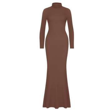 REORIA Women's Sexy Casual Mock Turtleneck Long Sleeve Elegant Long Dress Fall Wedding Guest Tight Ribbed Lounge Bodycon Maxi Dresses Coffee X-Small