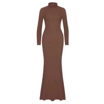 REORIA Women's Sexy Casual Mock Turtleneck Long Sleeve Elegant Long Dress Fall Wedding Guest Tight Ribbed Lounge Bodycon Maxi Dresses Coffee X-Small